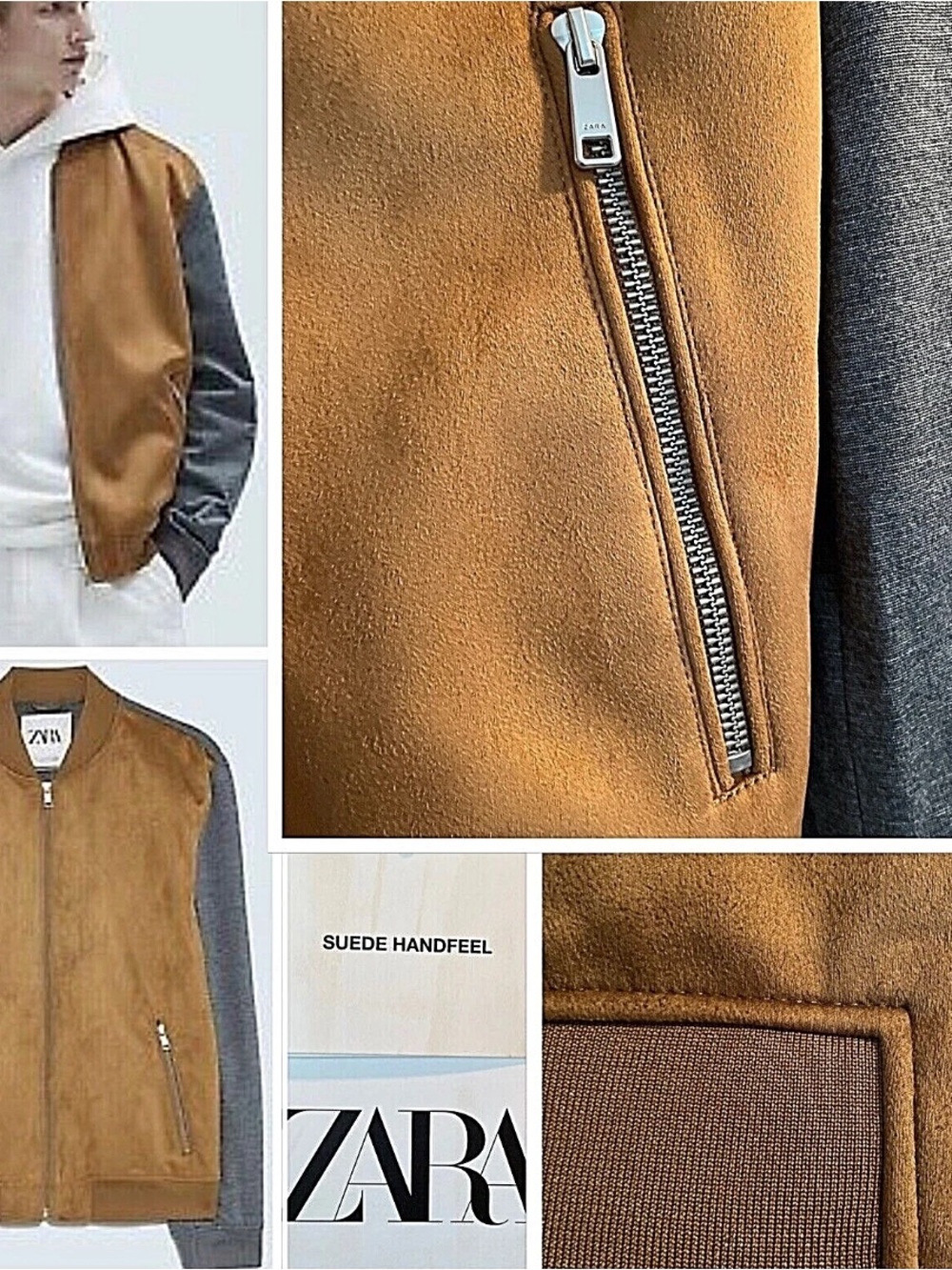 NWT Zara Faux Suede Combined Bomber Jacket SML Full Zip in Camel/largeHthr Gray